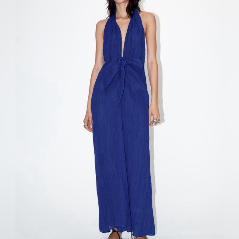Zara Blue Deep Plunge Maxi Dress